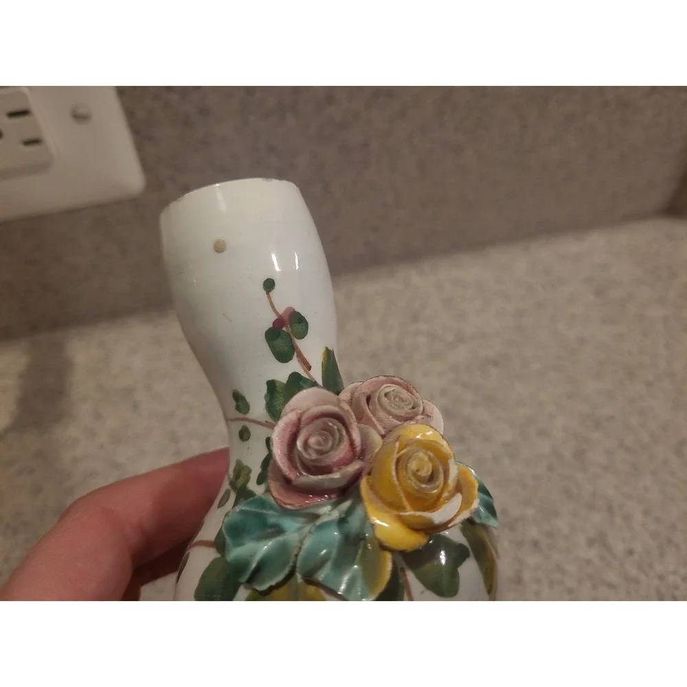 Bud Vase 3D Rose applique Flowers ITALY hand painted Fine Porcelain Antique Rare
